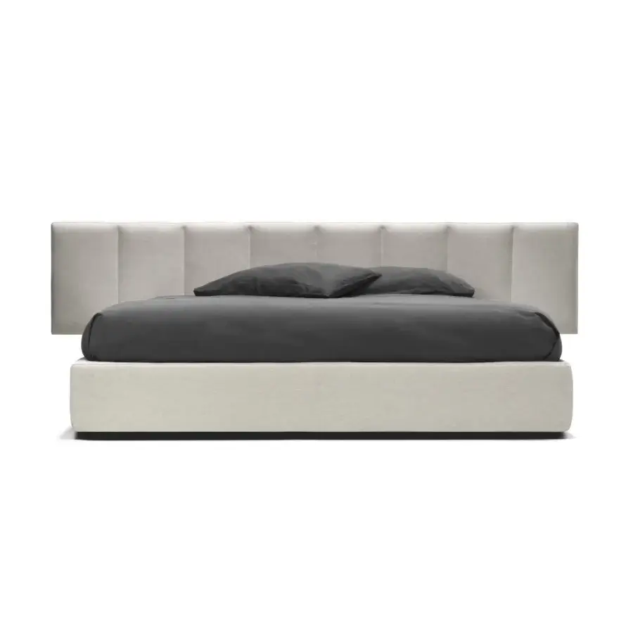 Exceptional Arketipo Milky Way Dream bed upholstered in textured light beige textile with vertically paneled headboard crafted in Italy