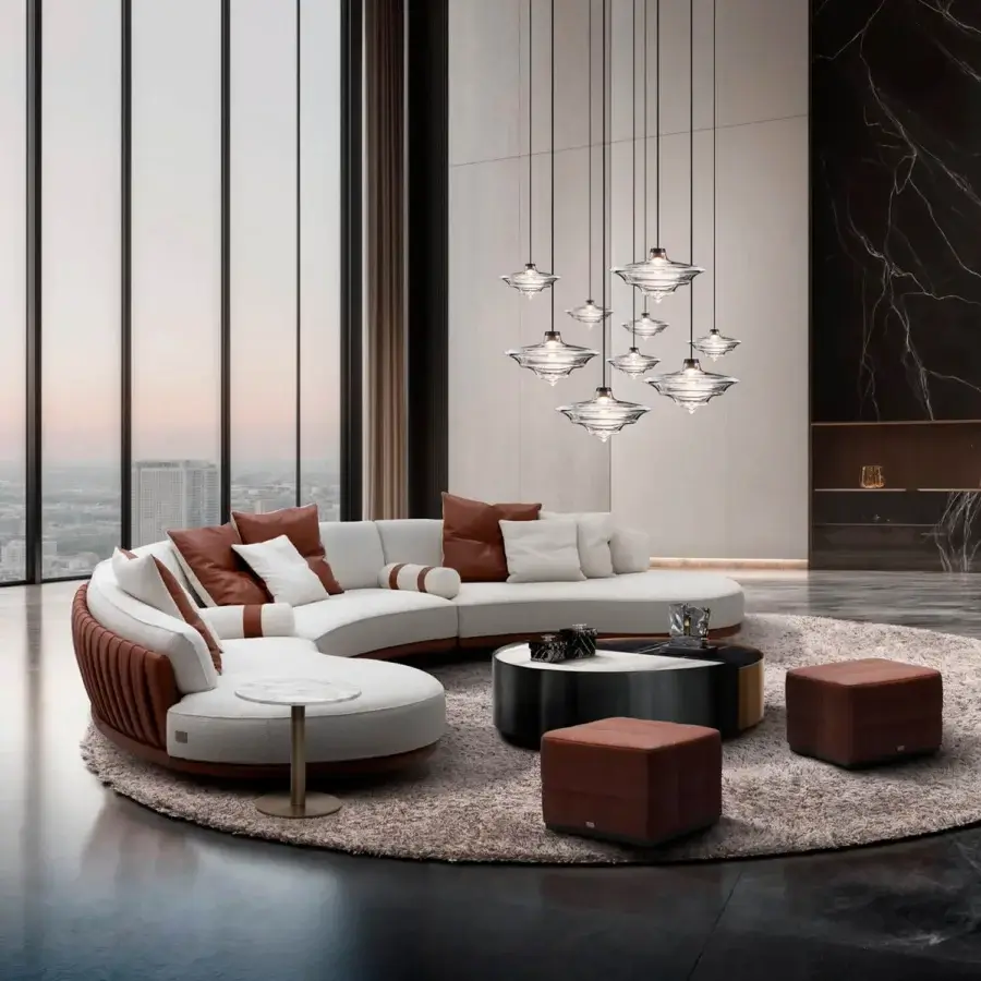 Captivating WAYNE Enterprises WE-036 Modular Sofa with soft off-white fabric upholstery and reddish-brown cushions, built with a lacquered base