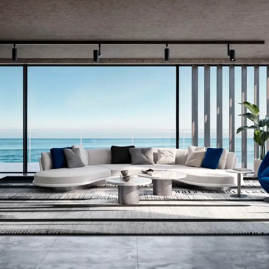 Distinguished Wayne Enterprises WE-036 Modular Sofa with light beige fabric upholstery and lacquered base crafted in Italy