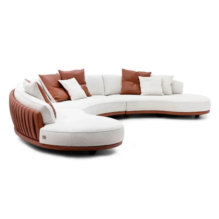 Captivating Wayne Enterprises WE-036 Modular Sofa with textured off-white textile upholstery and reddish-brown leather accents, built with a lacquered base