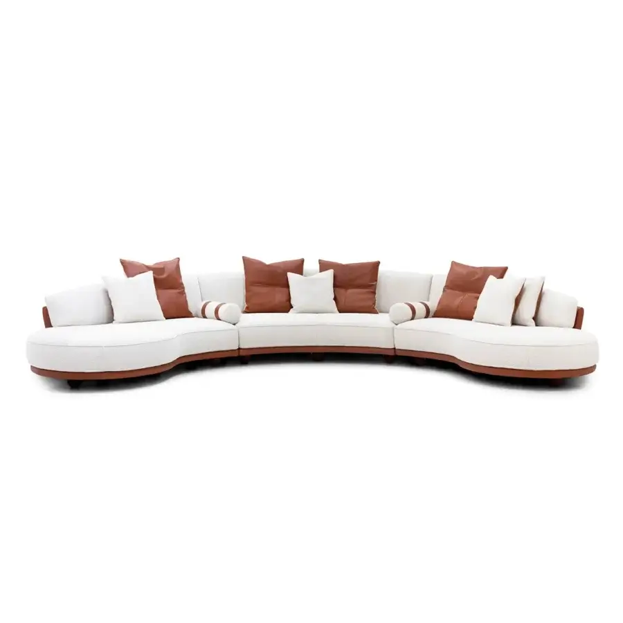 Exclusive Wayne Enterprises WE-036 Modular Sofa with lacquered base and reddish-brown leather cushions in textured off-white fabric