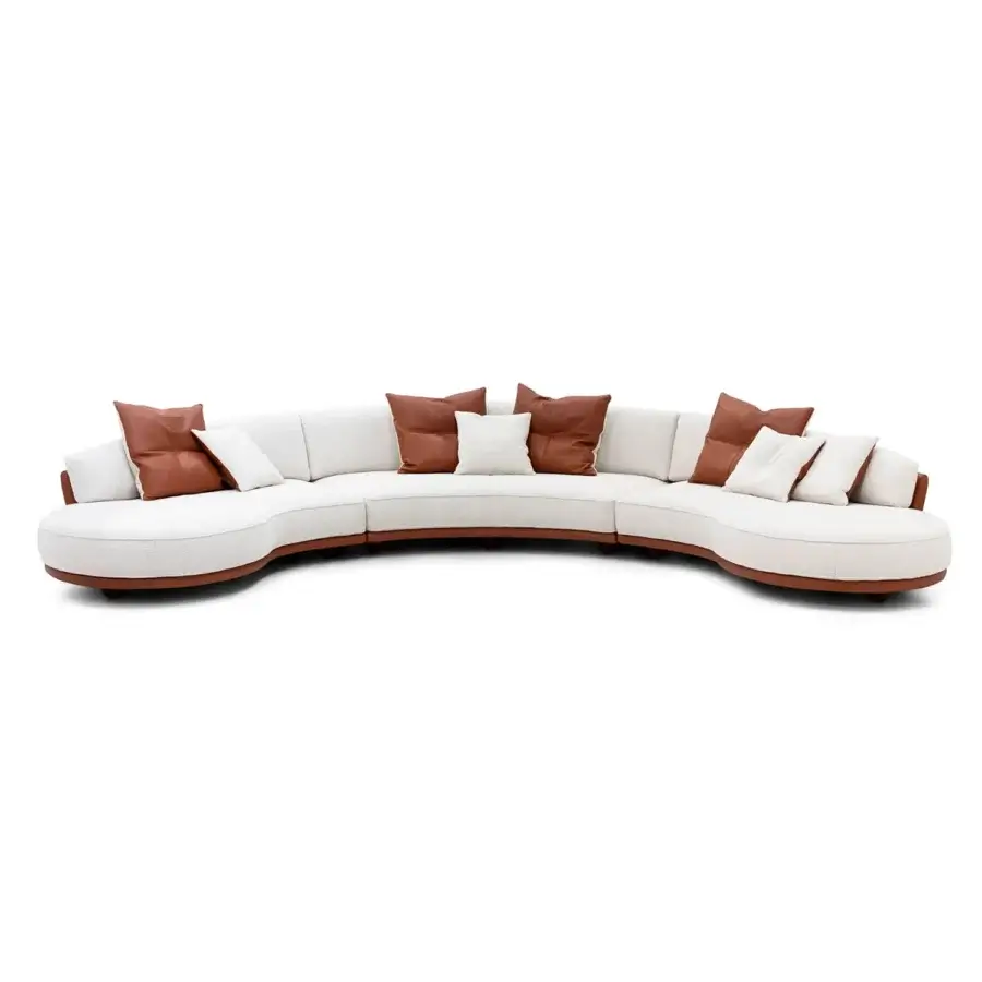 Distinguished WAYNE Enterprises WE-036 Modular Sofa with textured off-white fabric upholstery and warm brown leather trim, built with a lacquered base
