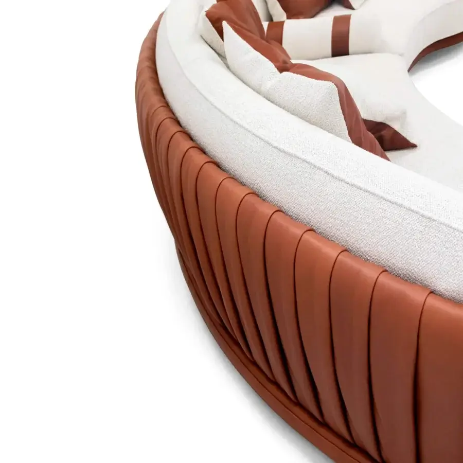 Exceptional Wayne Enterprises WE-036 Modular Sofa in reddish-brown lacquered leather with plush off-white fabric upholstery