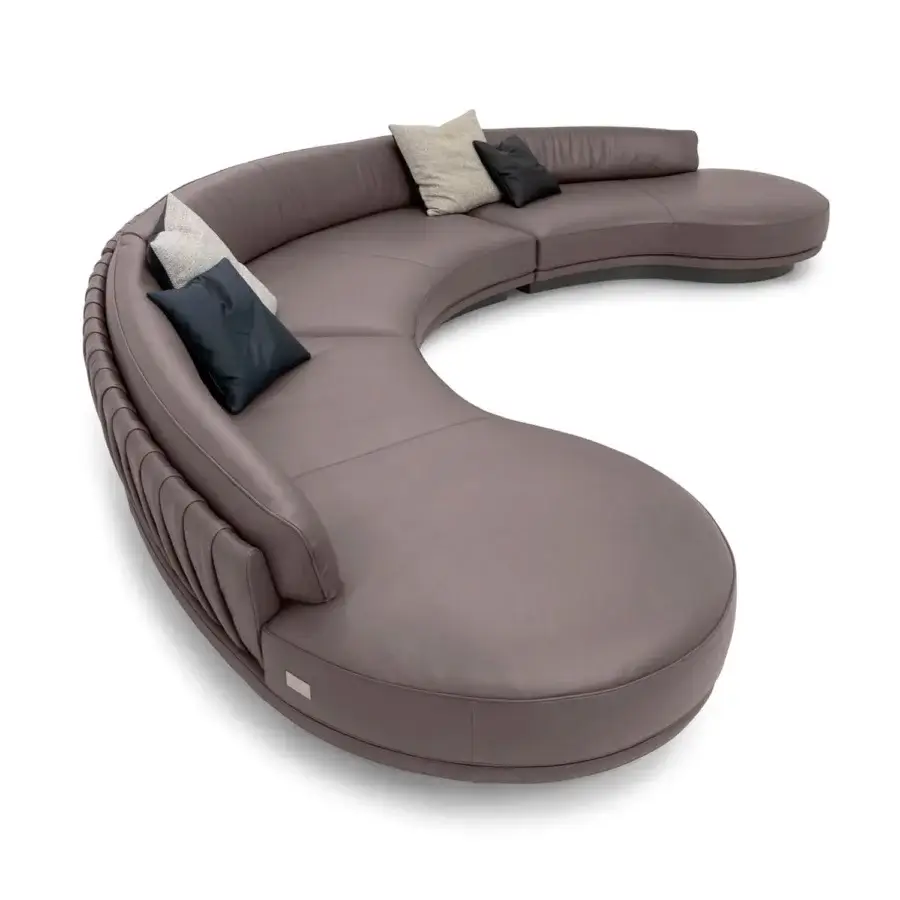 Distinguished Wayne Enterprises WE-036 Modular Sofa in dusty rose leather with a lacquered base and chromatic throw pillows