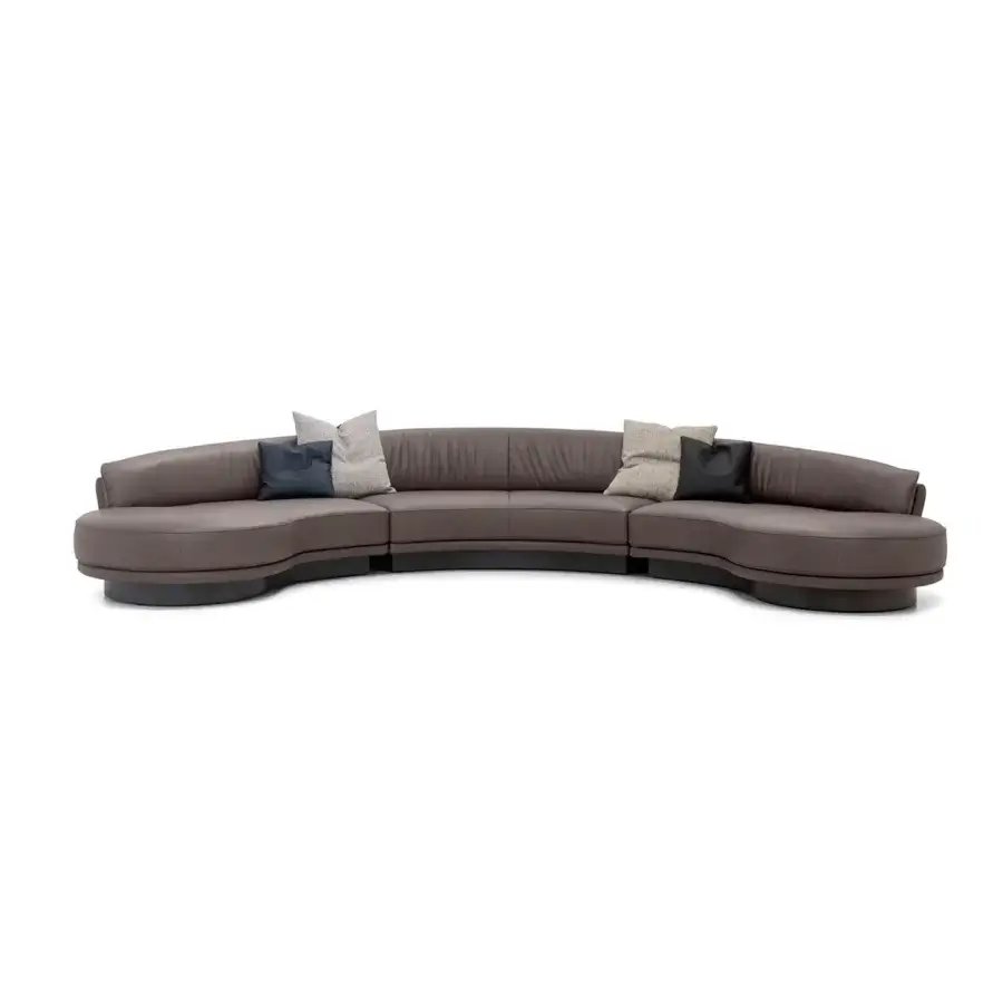 Exclusive WAYNE Enterprises WE-036 Modular Sofa in muted taupe-grey-brown leather with a lacquered base and dark blue, light grey textiles