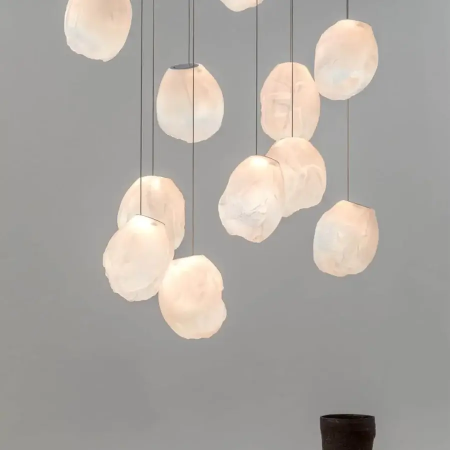 Elegant Bocci 73V suspension lamp with translucent white glass and refined braided metal coaxial cable