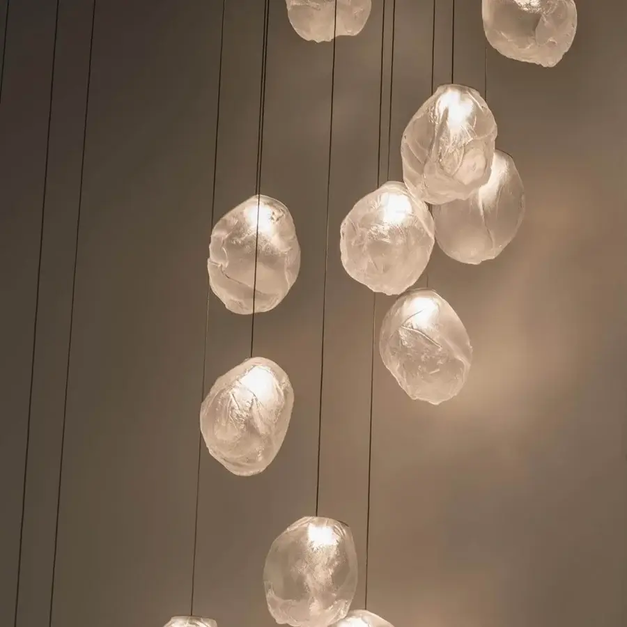 Distinguished Bocci 73V suspension lamp with hand-blown glass orbs and braided metal coaxial cable in white powder-coated finish