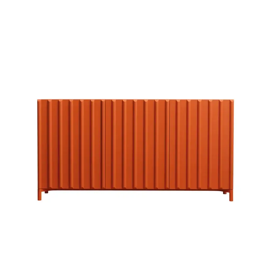 Distinguished Miniforms Containermid sideboard crafted in reddish-orange lacquered synthetic material with fluted paneling exhibiting seamless design