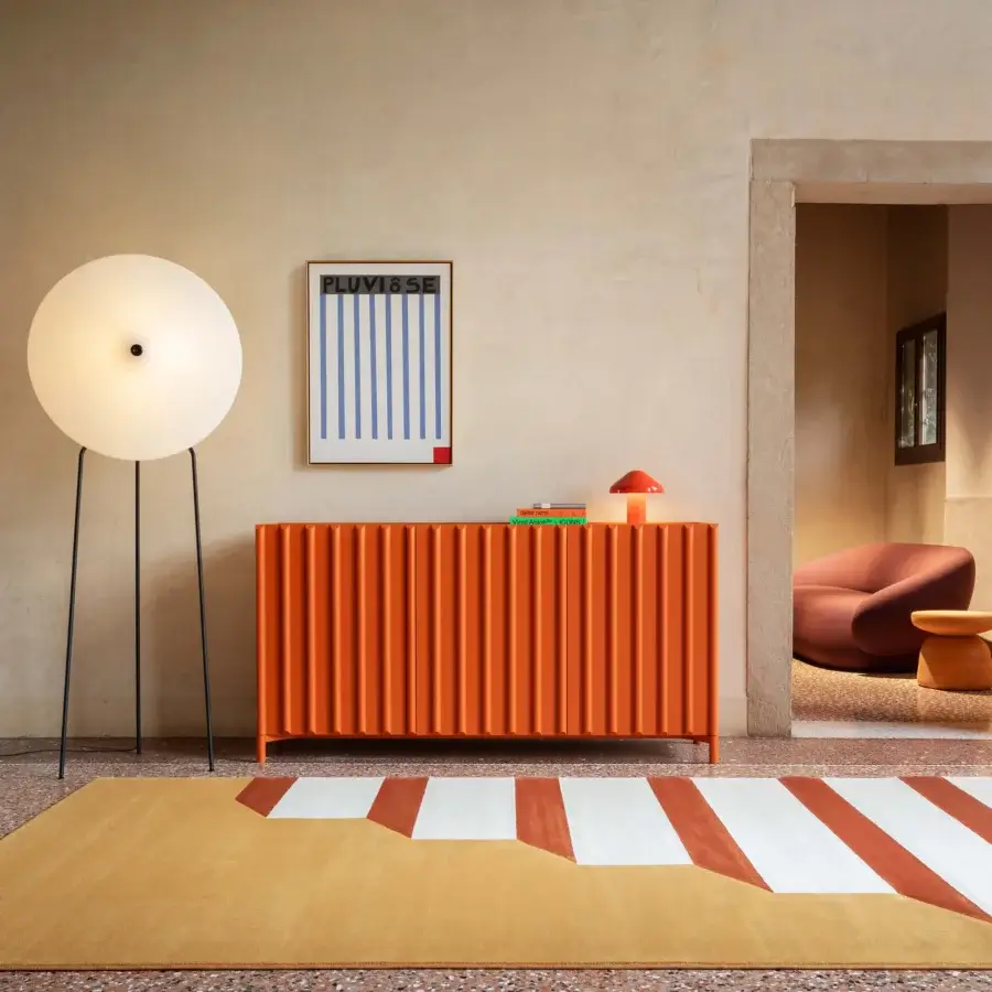 Exceptional Miniforms Containermid sideboard crafted in orange lacquered material with repeating rectangular panels and matte finish