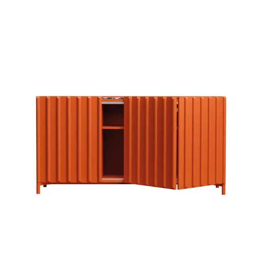 Distinguished Miniforms Containermid sideboard crafted in Italy with vibrant orange lacquered finish and distinctive ribbed texture