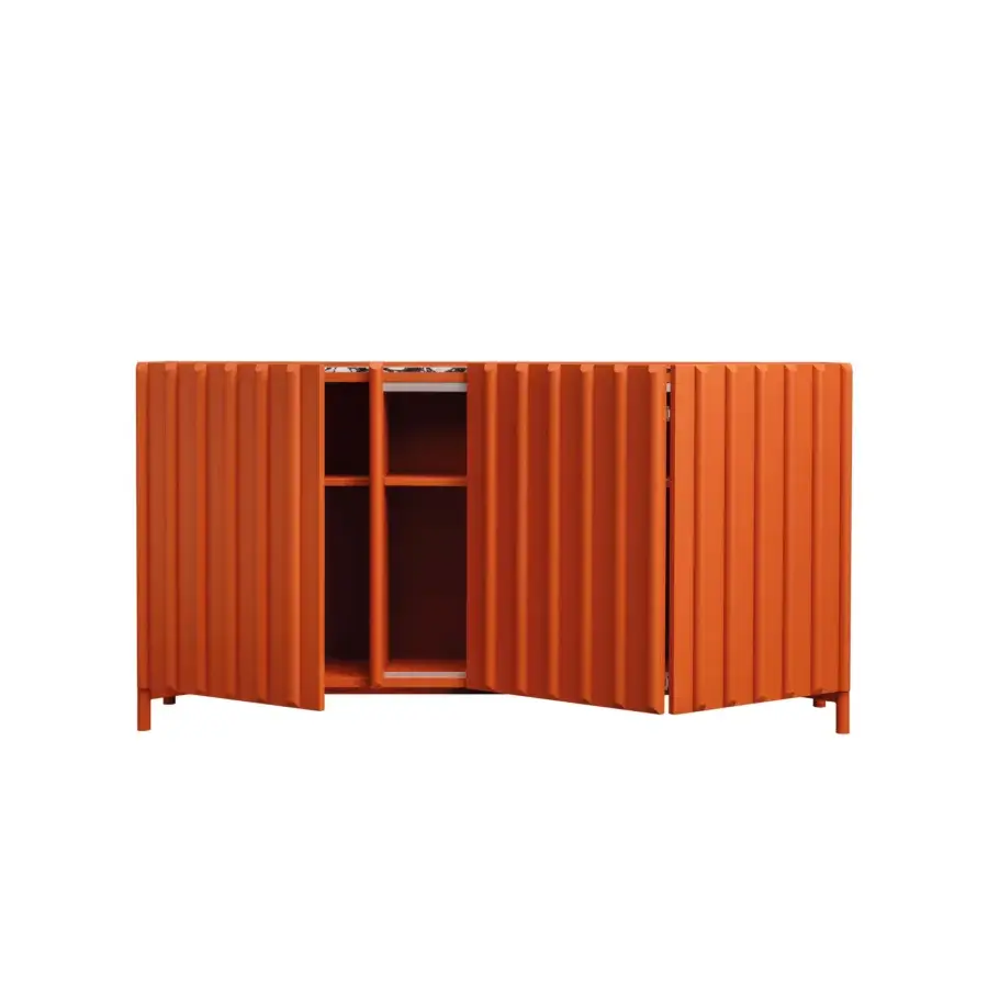 Elegant Miniforms Containermid sideboard in vibrant orange lacquered finish with slatted bi-fold doors and reddish-orange shelving