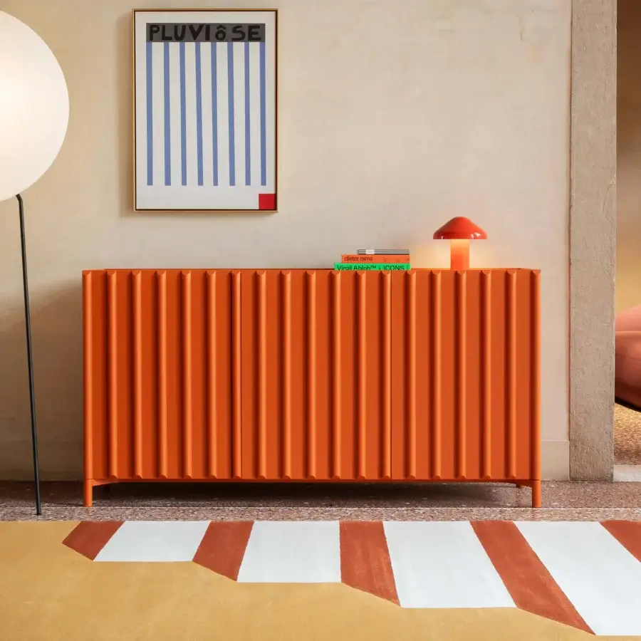 Distinguished Miniforms Containermid sideboard crafted in Italy with reddish-orange metal and geometric slatted bi-fold doors