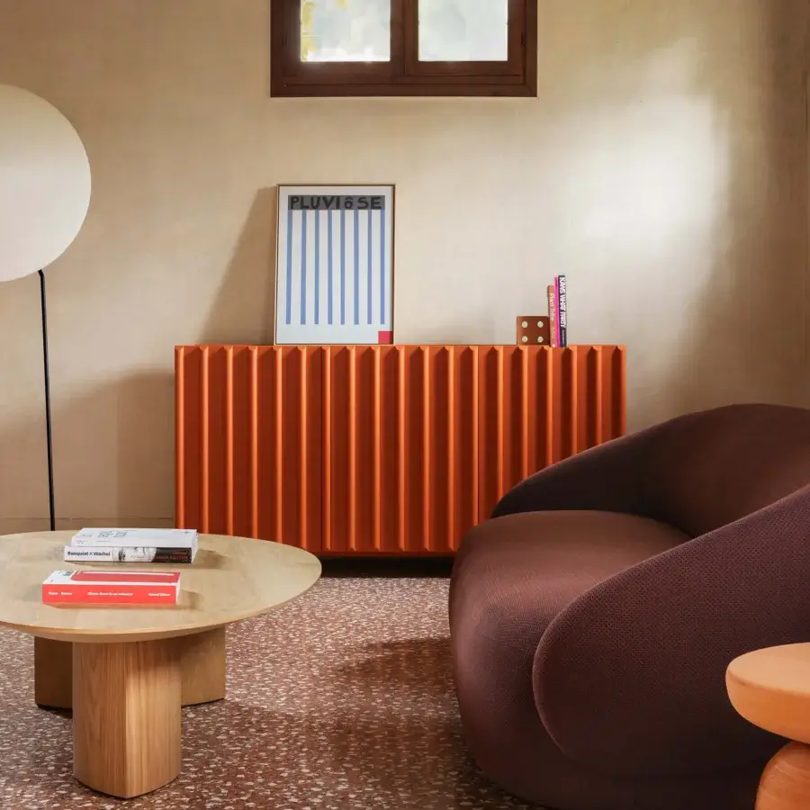 Exceptional Miniforms Containermid sideboard in vibrant orange lacquered finish with vertically slatted bi-fold doors crafted in Italy