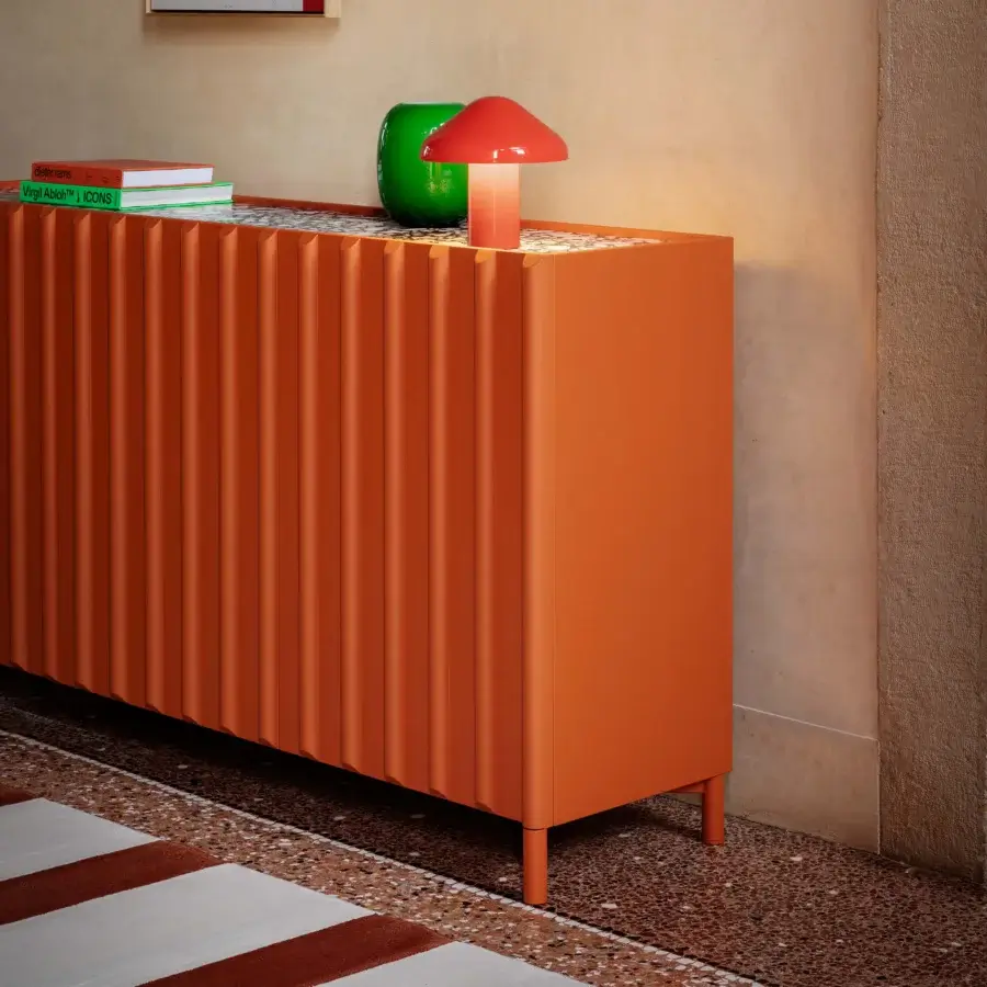 Superior Miniforms Containermid sideboard in saturated orange with a matte finish and textured vertical ridges