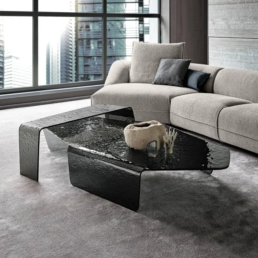 Captivating Arketipo Chimera coffee table crafted in deep black curved and hammered glass with a glossy finish