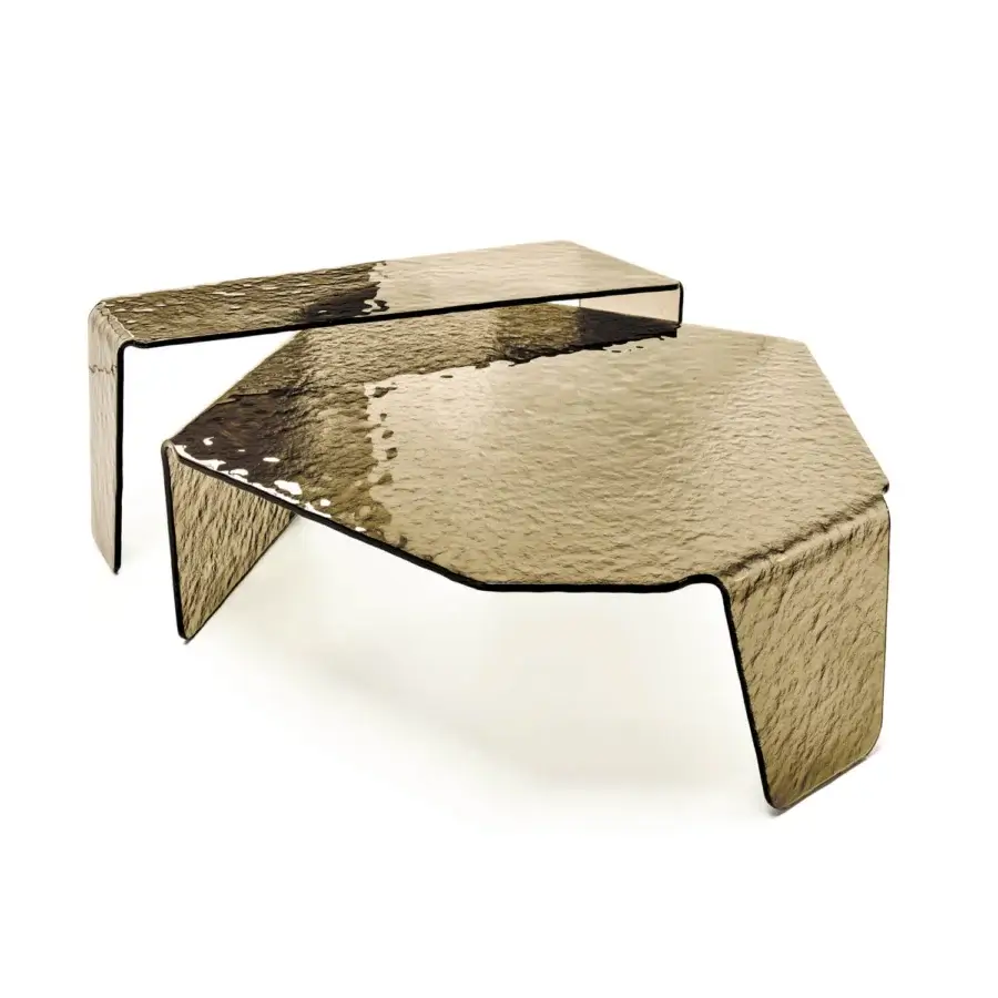 Distinguished Arketipo Chimera coffee table with brownish-bronze tinted, curved glass and a richly textured, hammered surface