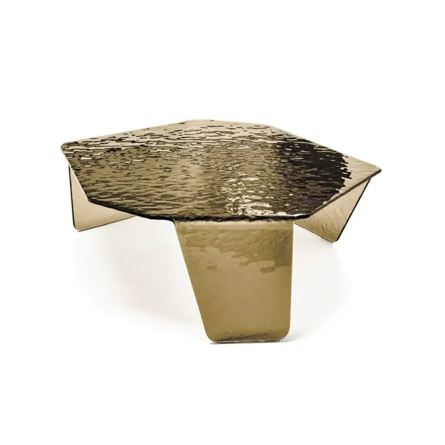 Exceptional Arketipo Chimera coffee table crafted with curved, hammered glass in golden-bronze and a subtly satin finish