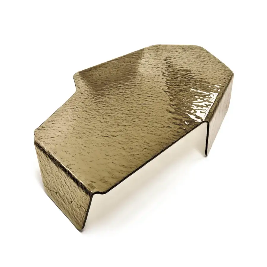 Captivating Arketipo Chimera coffee table crafted with curved, textured glass in a muted gold tone delivering a contemporary statement
