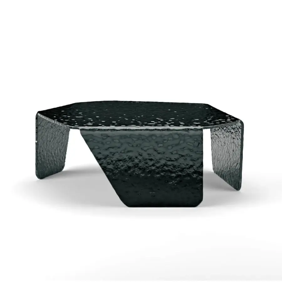 Distinguished Arketipo Chimera coffee table crafted with dark gray curved, hammered glass exhibiting a dynamic undulating finish