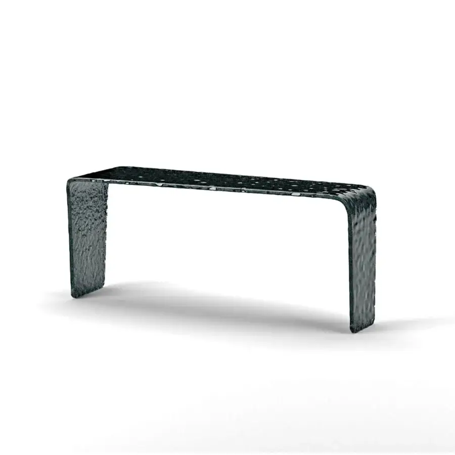 Lavish Arketipo Chimera coffee table crafted with curved, hammered smoky gray glass and a rippled high-gloss finish