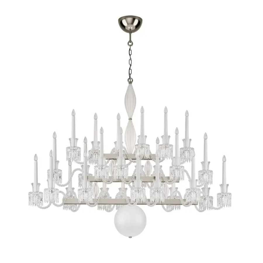 Distinguished Italamp Keplero chandelier crafted with crystal, glass, and textured metal exhibiting a muted silver finish