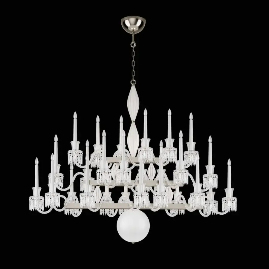 Exquisite Italamp Keplero chandelier crafted with crystal, glass, and metal exhibiting a glossy silver-toned finish