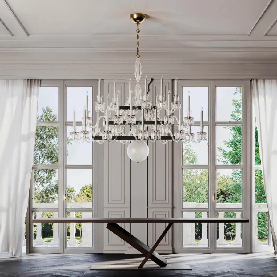 Elegant Italamp Keplero chandelier crafted with crystal, glass, and polished gold-toned metal exhibiting curved and straight lines