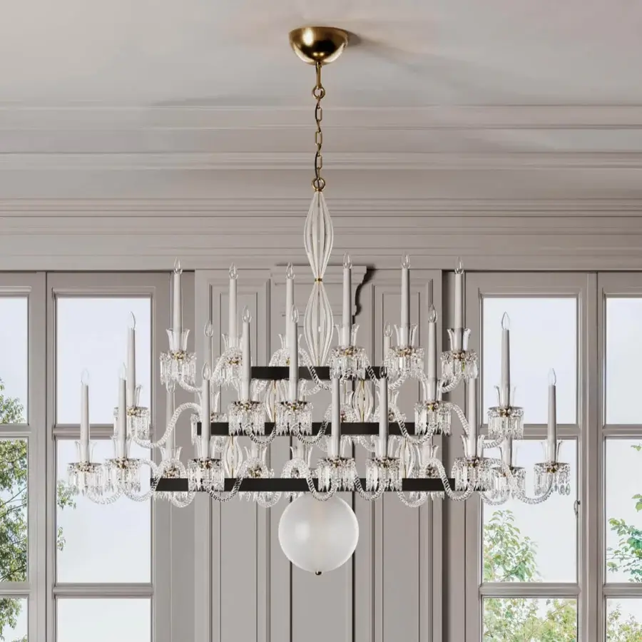 Superior Italamp Keplero chandelier crafted with crystal, glass, and polished gold-toned metal exhibiting a sinuous arrangement