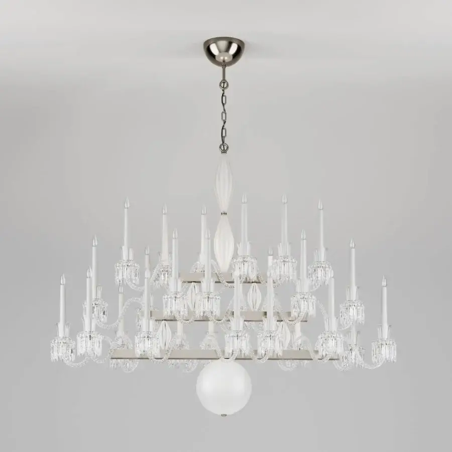 Distinguished Italamp Keplero chandelier crafted in crystal and glass with sleek silvery-grey metalwork and flowing curves