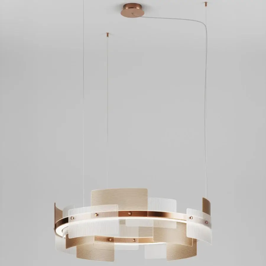 Elegant Italamp Halo suspension lamp crafted in satin bronze metal with micro ribbed satin white and satin teak glass