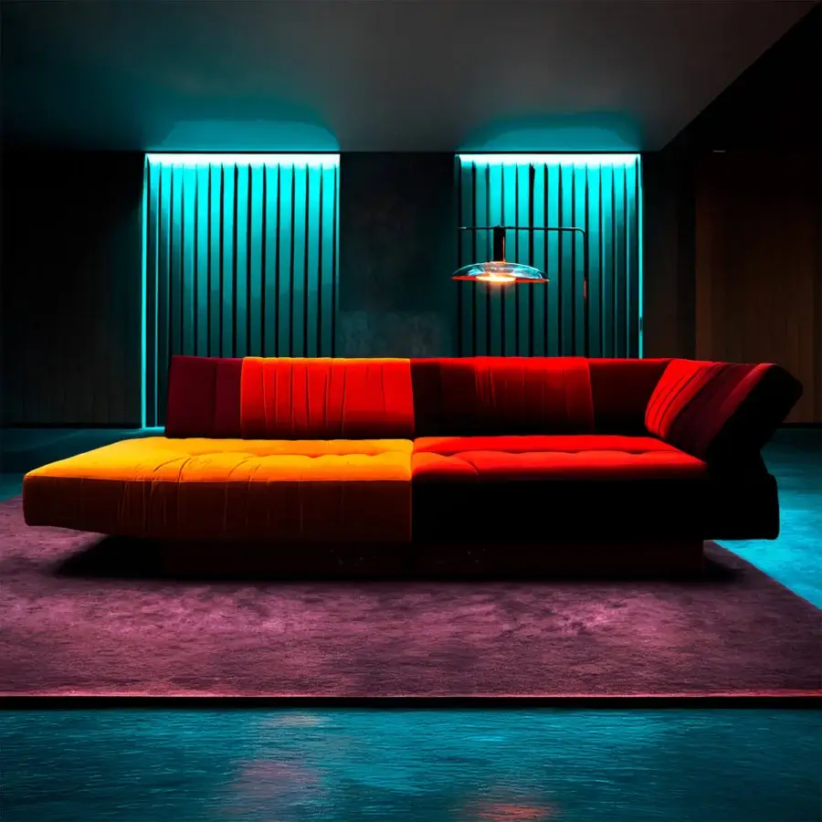 Distinctive Joker Home Collection sofa with chromatic contrast in plush velvet and cold metal, exhibiting quilted detailing