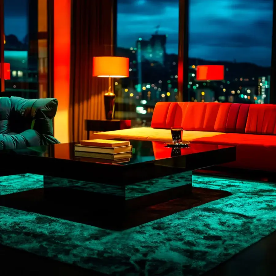 Exceptional Joker Home Collection sofa upholstered in smooth matte velvet with orange textile accents and fragmented geometry