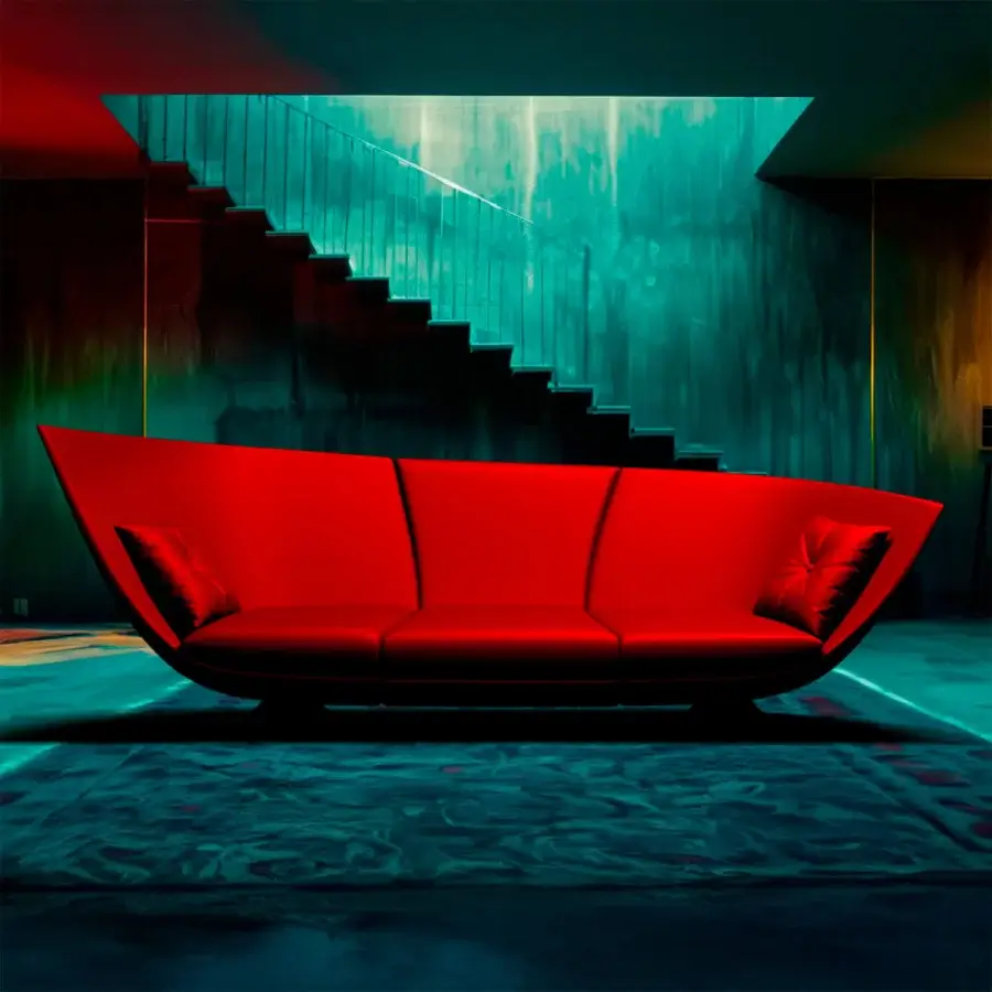 Distinctive Joker Home Collection sofa with vibrant red velvet upholstery and a contemporary sculptural design crafted in Italy