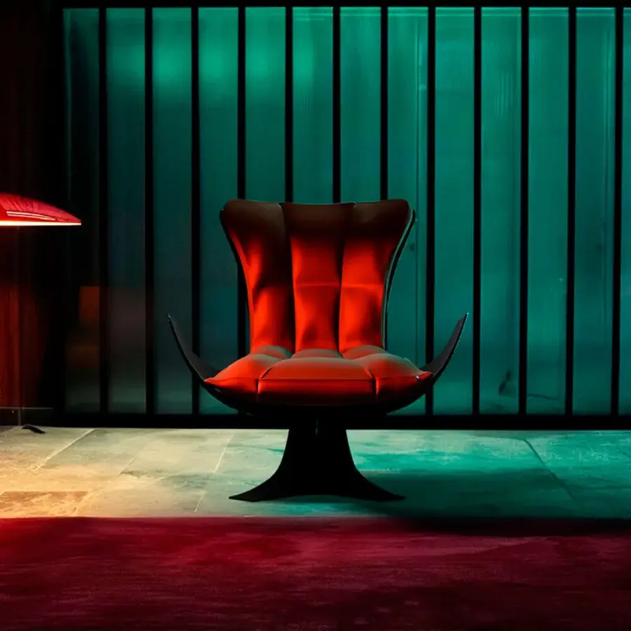 Distinguished Joker Home Throne lounge chair crafted with hand-sculpted fiberglass and rich red velvet upholstery