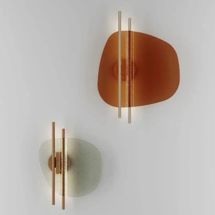 Distinguished Italamp Clip wall lamp crafted in warm amber art glass with shiny bronze metal rods offering a contemporary aesthetic