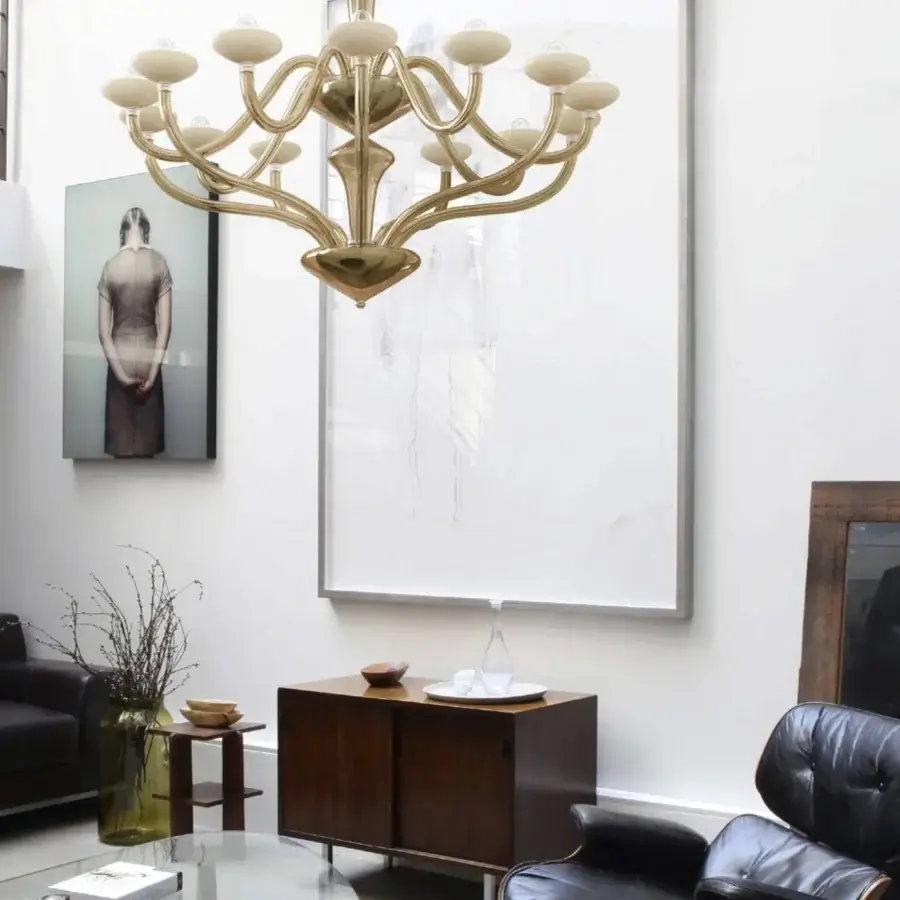 Distinguished Barovier&Toso Windsor chandelier crafted in textured metal with aged gold finish and opaque white lamp-holder cups