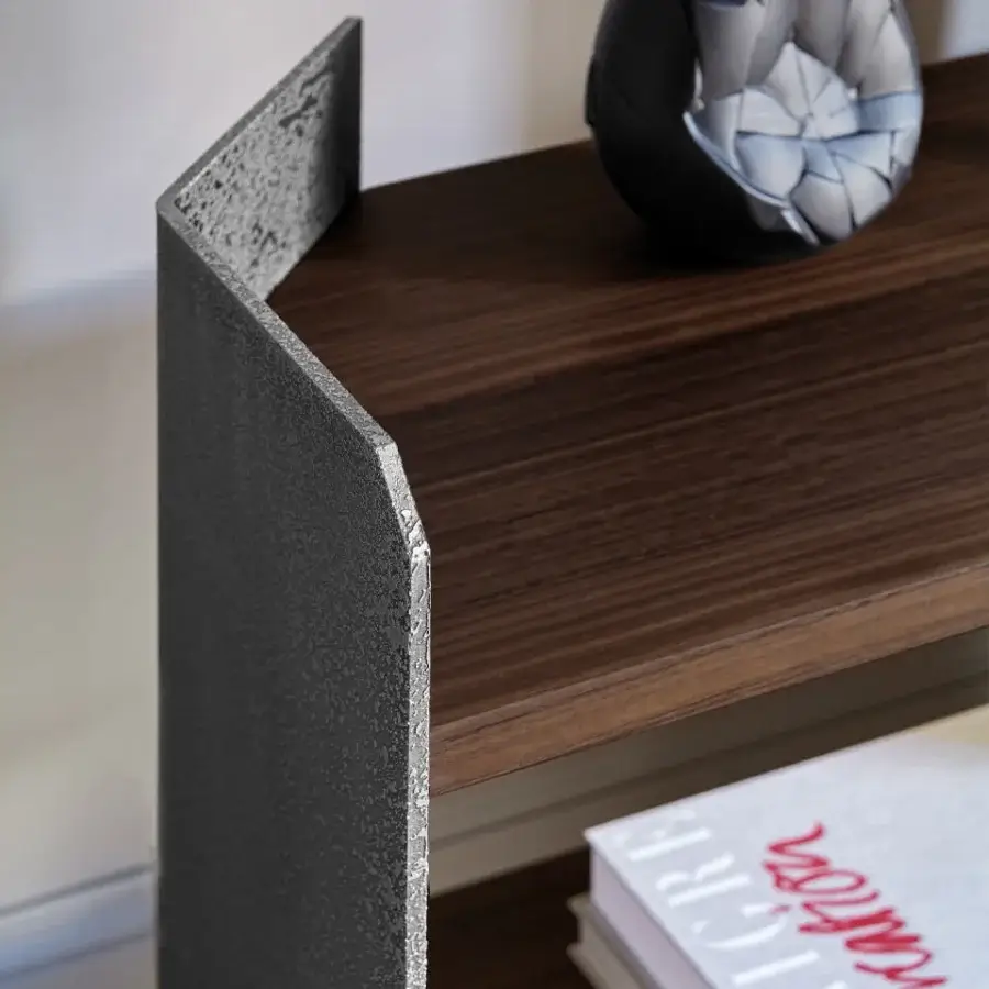 Superior Arketipo Carter console built in exotic woods with textured metal panels and matte dark gray finish