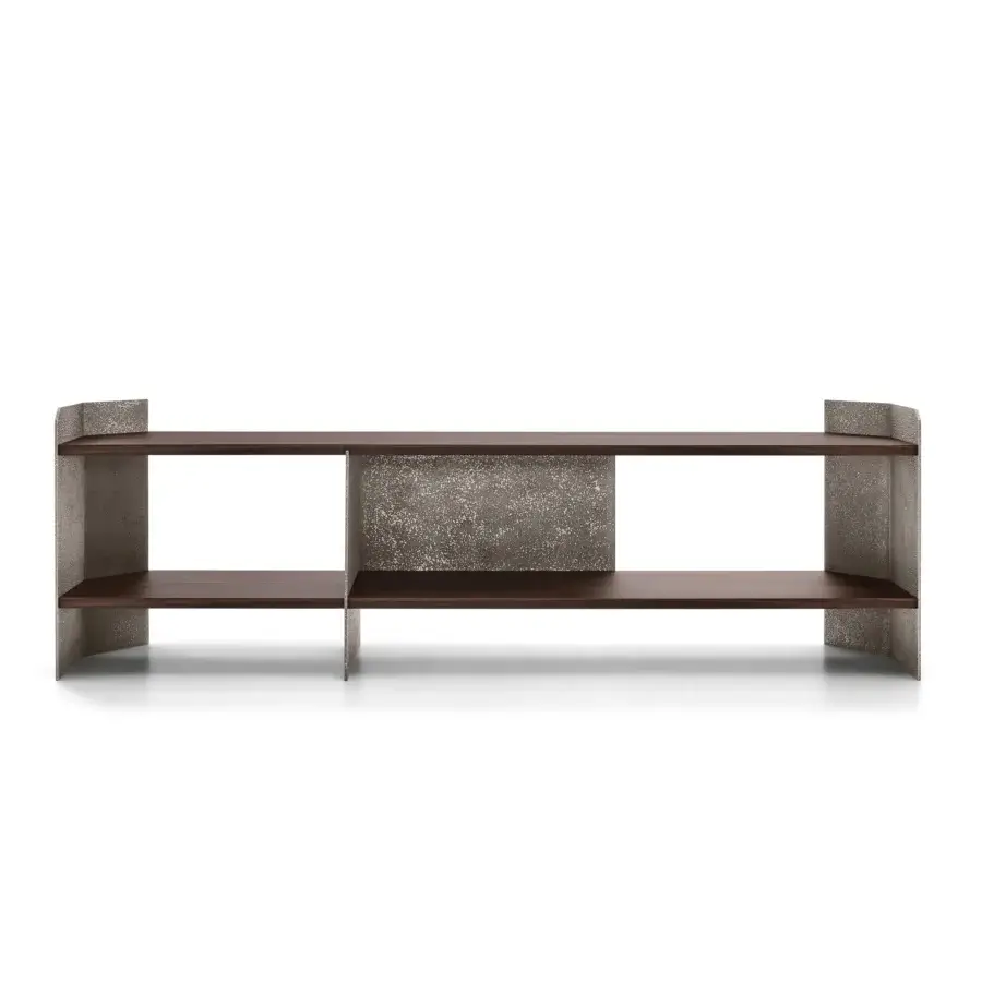 Exceptional Arketipo Carter console built in dark brown wood with cool grey granular metal supports and central panel
