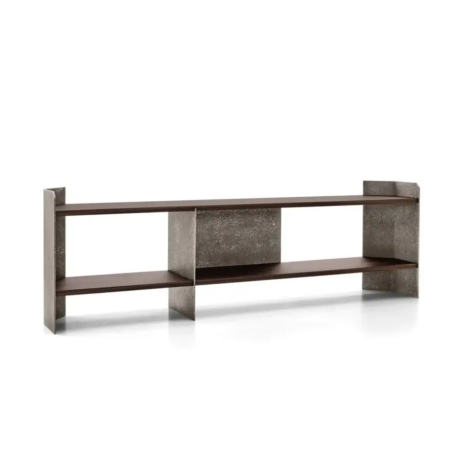 Elegant Arketipo Carter console crafted in exotic wood with vertically textured metal panels and a smooth satin finish
