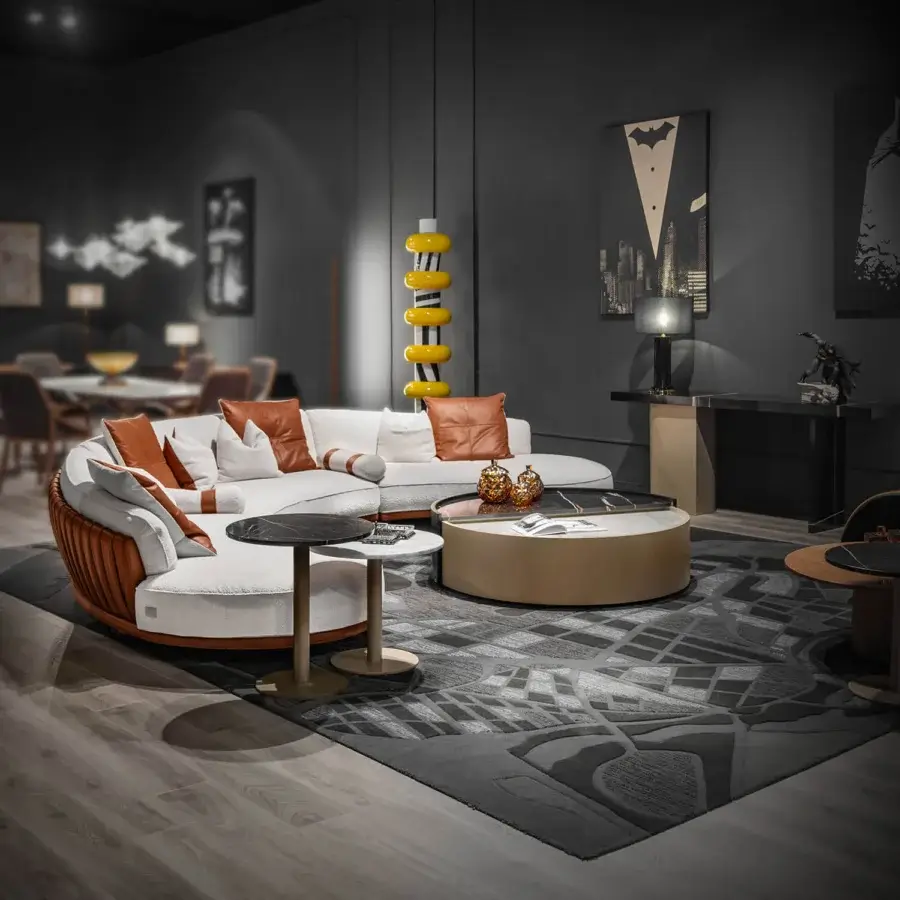 Superior Wayne Enterprises WE-036 modular sofa upholstered in off-white and reddish-brown textiles with a lacquered base