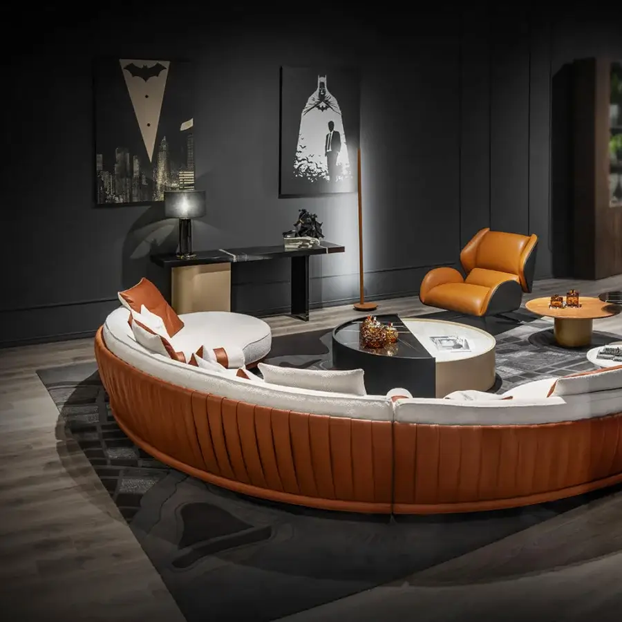 Distinguished Wayne Enterprises WE-036 modular sofa crafted in Italy with lacquered base and sumptuous burnt orange fabric upholstery