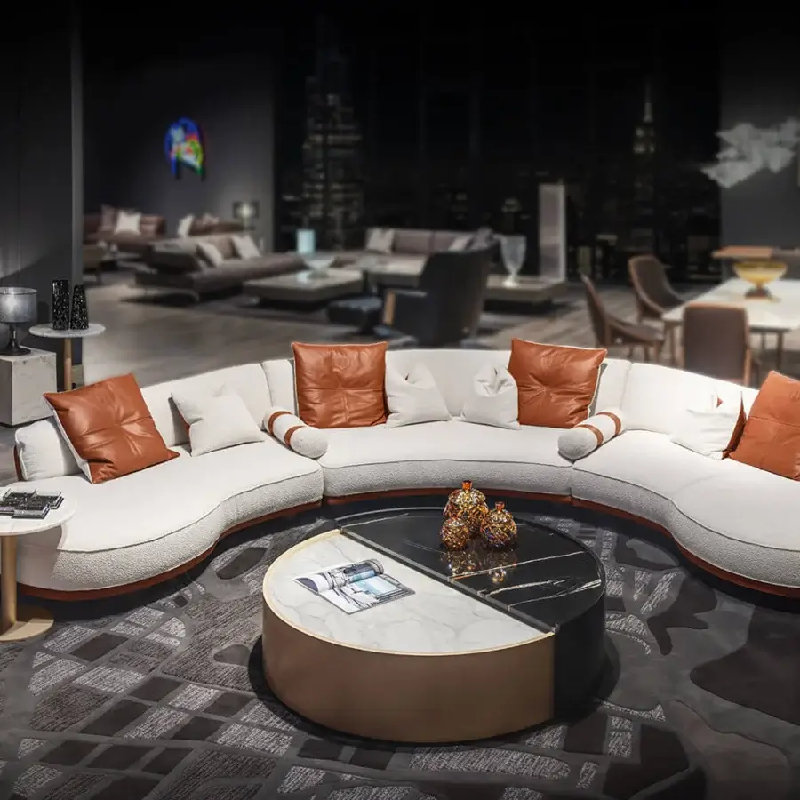 Lavish Wayne Enterprises WE-036 modular sofa built in Italy with textured fabric and warm brown leather-like cushions plus lacquered base