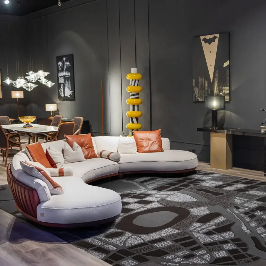 Superior Wayne Enterprises WE-036 modular sofa built in Italy with woven fabric and reddish-brown leather accents plus lacquered base