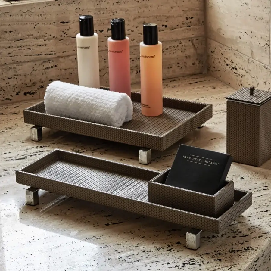 Exclusive Pinetti Poseidon Square bathroom set crafted in soft waterproof genuine leather with a tightly woven texture and warm medium brown tone