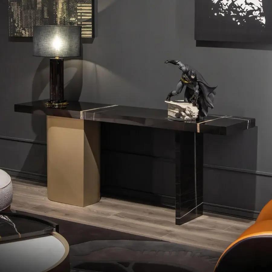 Elegant WAYNE Enterprises WE-185 console with marble top and light gold metallic lacquered sides exhibiting polished surfaces