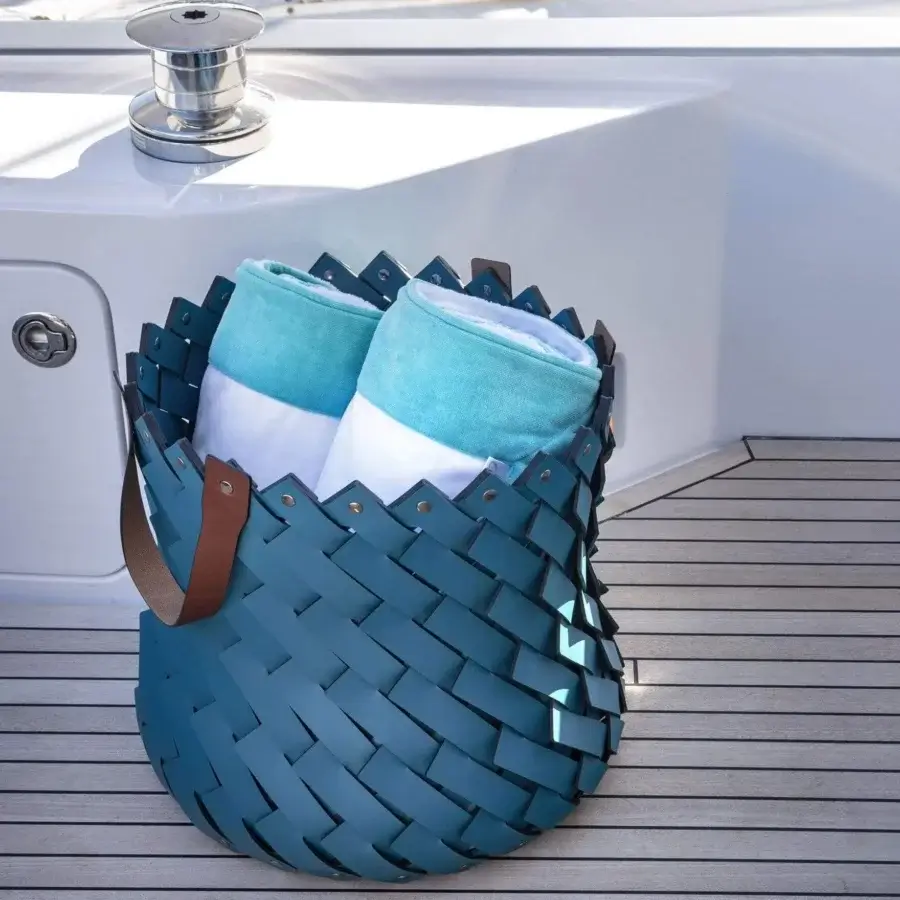 Refined Pinetti Almeria basket crafted in muted teal washable regenerated leather with darker teal-brown handles