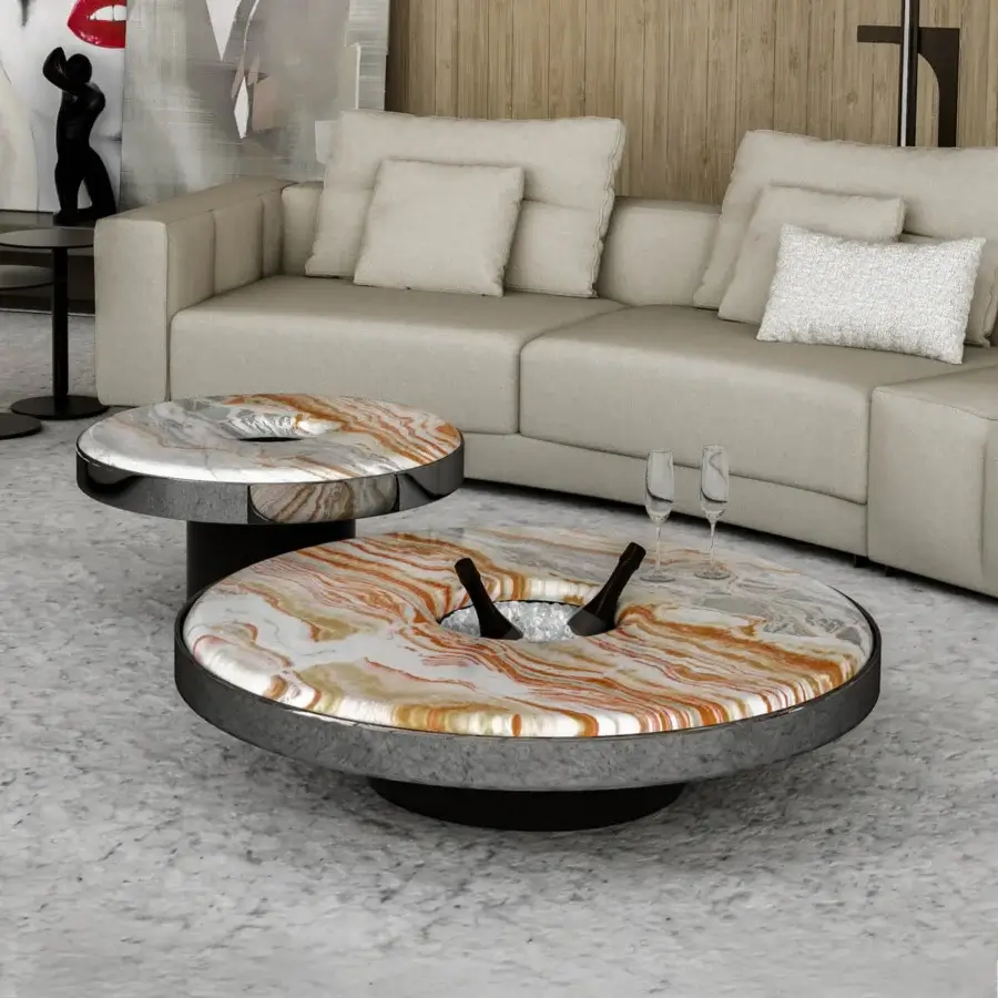 Elegant Arketipo Aperitivo coffee table with swirling orange, cream, and brown polished marble tabletops and matte dark gray metal bases