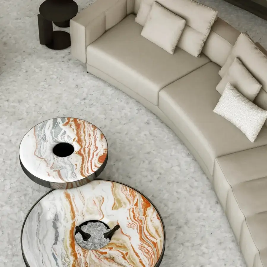 Superior Arketipo Aperitivo coffee table with nested circular forms in polished orange and cream marble with dark-toned wood expertly crafted in Italy
