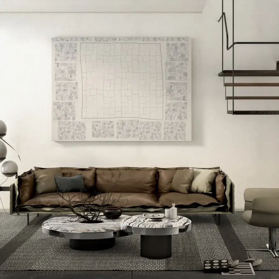 Distinguished Arketipo Aperitivo coffee table with sweeping form and polished gray and white veined marble construction
