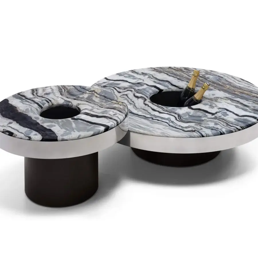 Exclusive Arketipo Aperitivo coffee table with interconnected polished marble tops and dark wood bases
